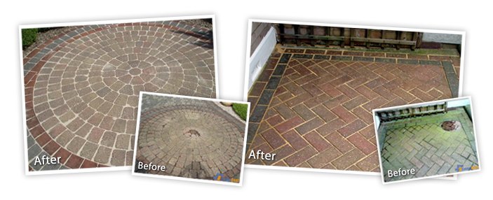 Photo showing the difference that block paving cleaning can make to the appearance of your garden.