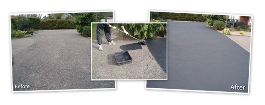Photos showing before, during and after tarmac restoration which fills cracks and restores the original colour.